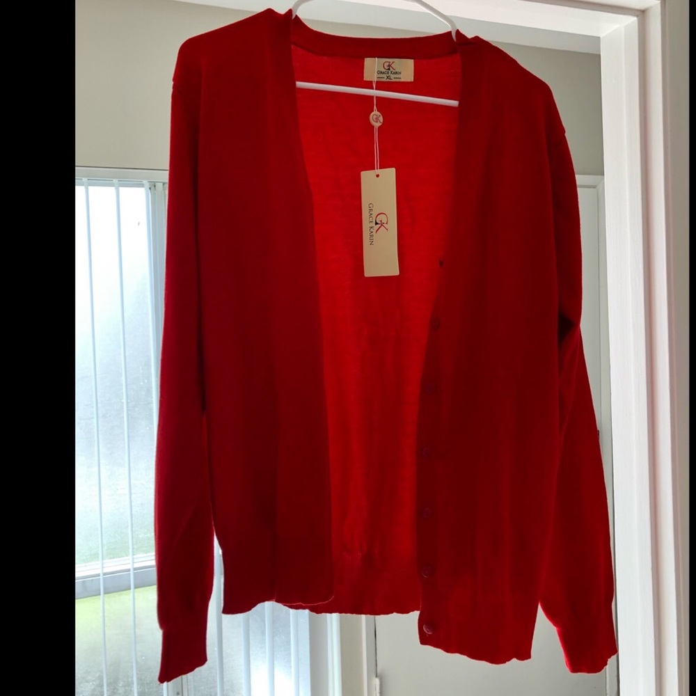 New red cardigan